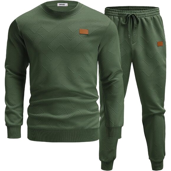 Men's 2 Piece Sweat suit Jogging Suit Sets Long Sleeve Jacquard Shirt Army Green - Picture 2 of 5